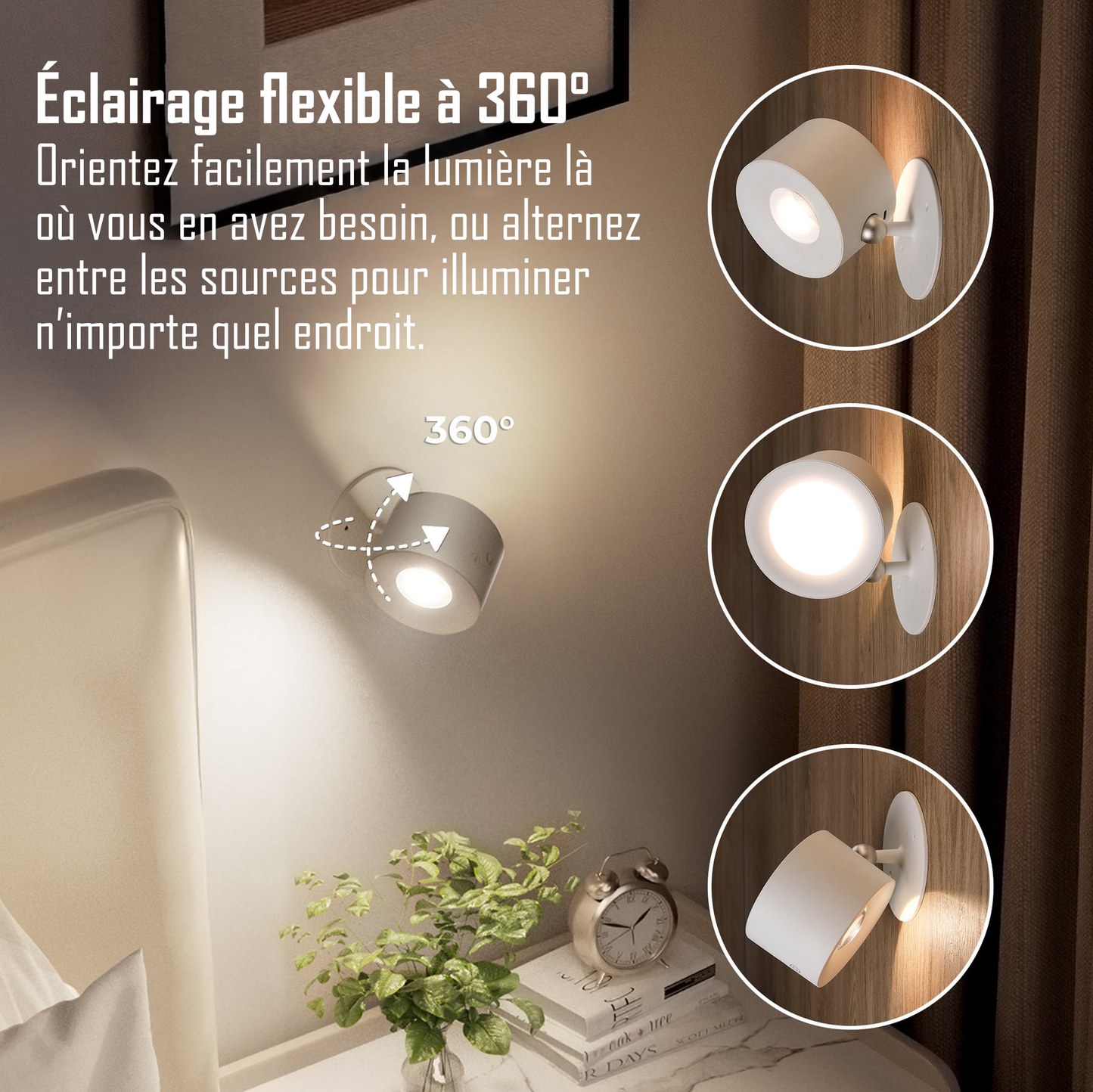 AURA+™ — Applique murale DEL sans fil, sans trou, orientable 360°
