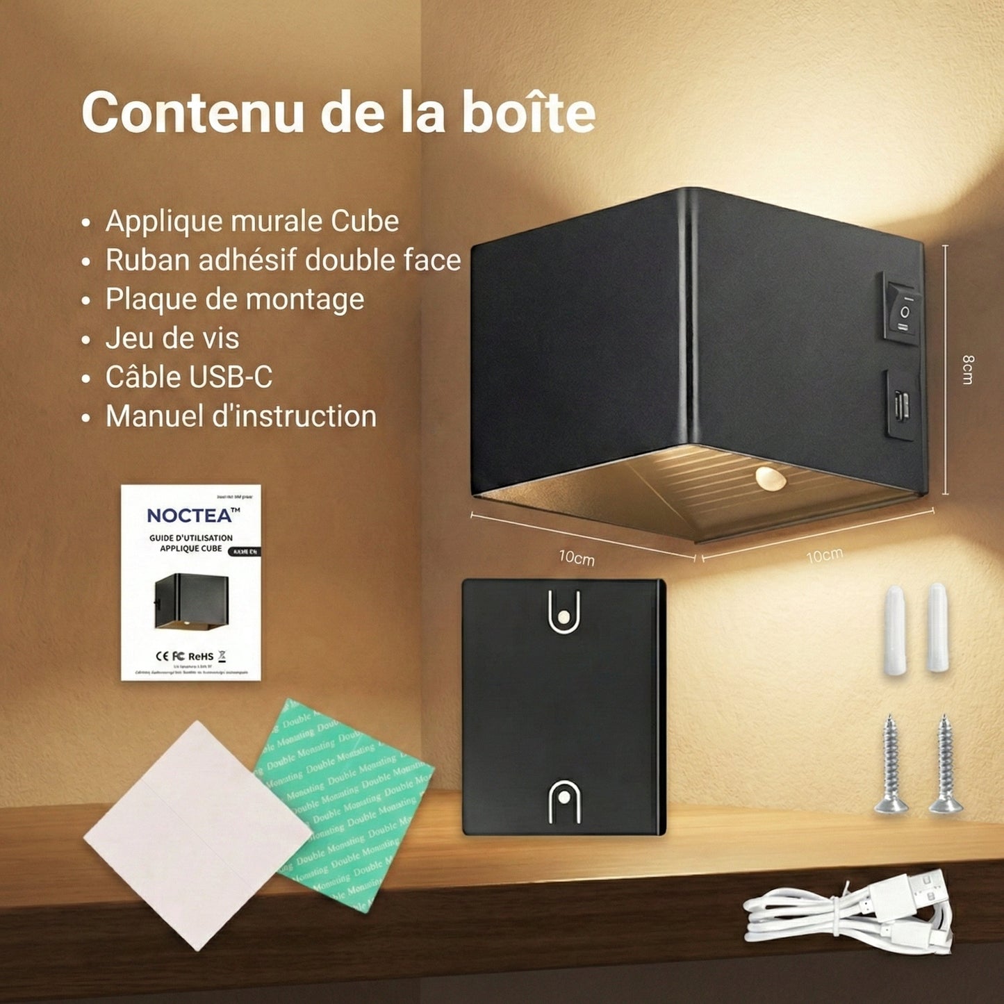 NOCTEA™ – Applique murale LED carrée sans fil avec détecteur de mouvement | Fixation sans trou