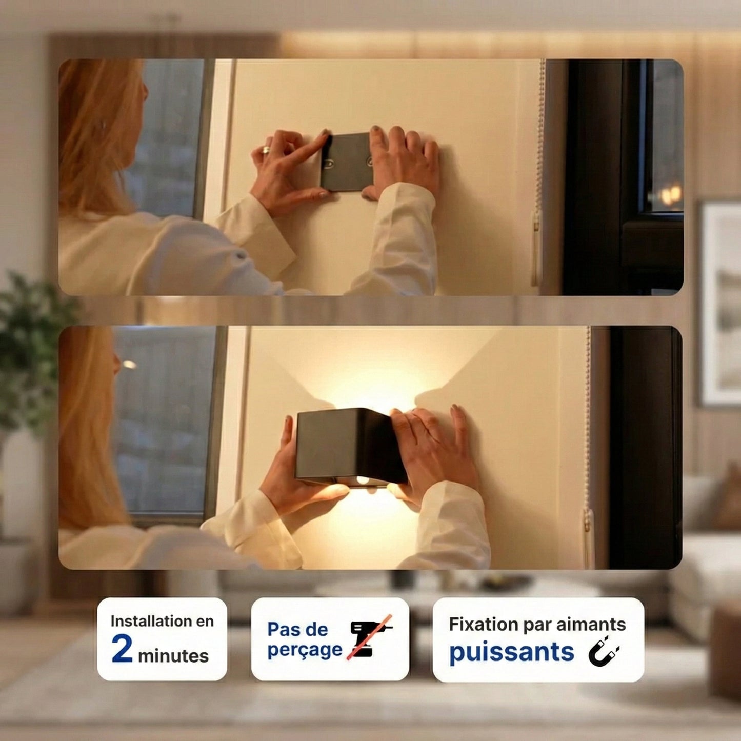 NOCTEA™ – Applique murale LED carrée sans fil avec détecteur de mouvement | Fixation sans trou