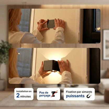 NOCTEA™ – Applique murale LED carrée sans fil avec détecteur de mouvement | Fixation sans trou