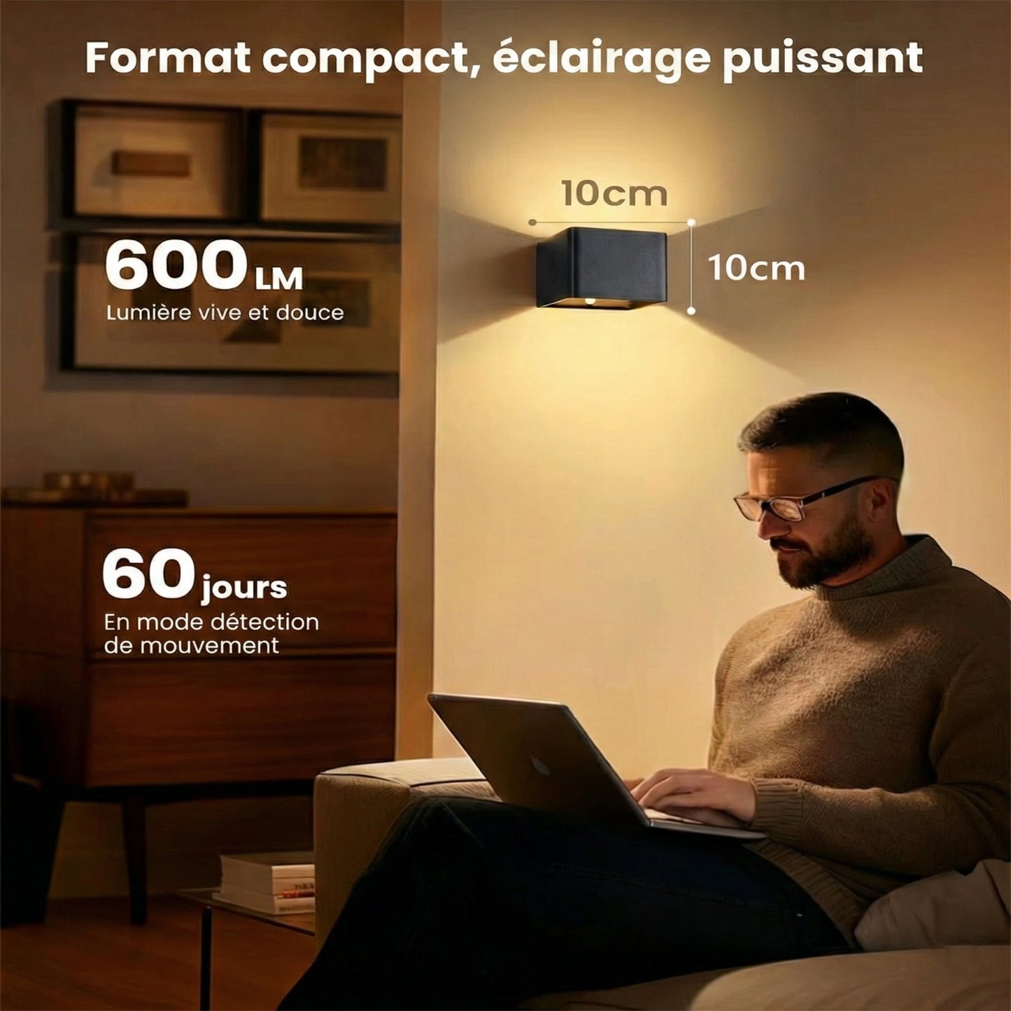 NOCTEA™ – Applique murale LED carrée sans fil avec détecteur de mouvement | Fixation sans trou