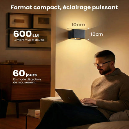 NOCTEA™ – Applique murale LED carrée sans fil avec détecteur de mouvement | Fixation sans trou